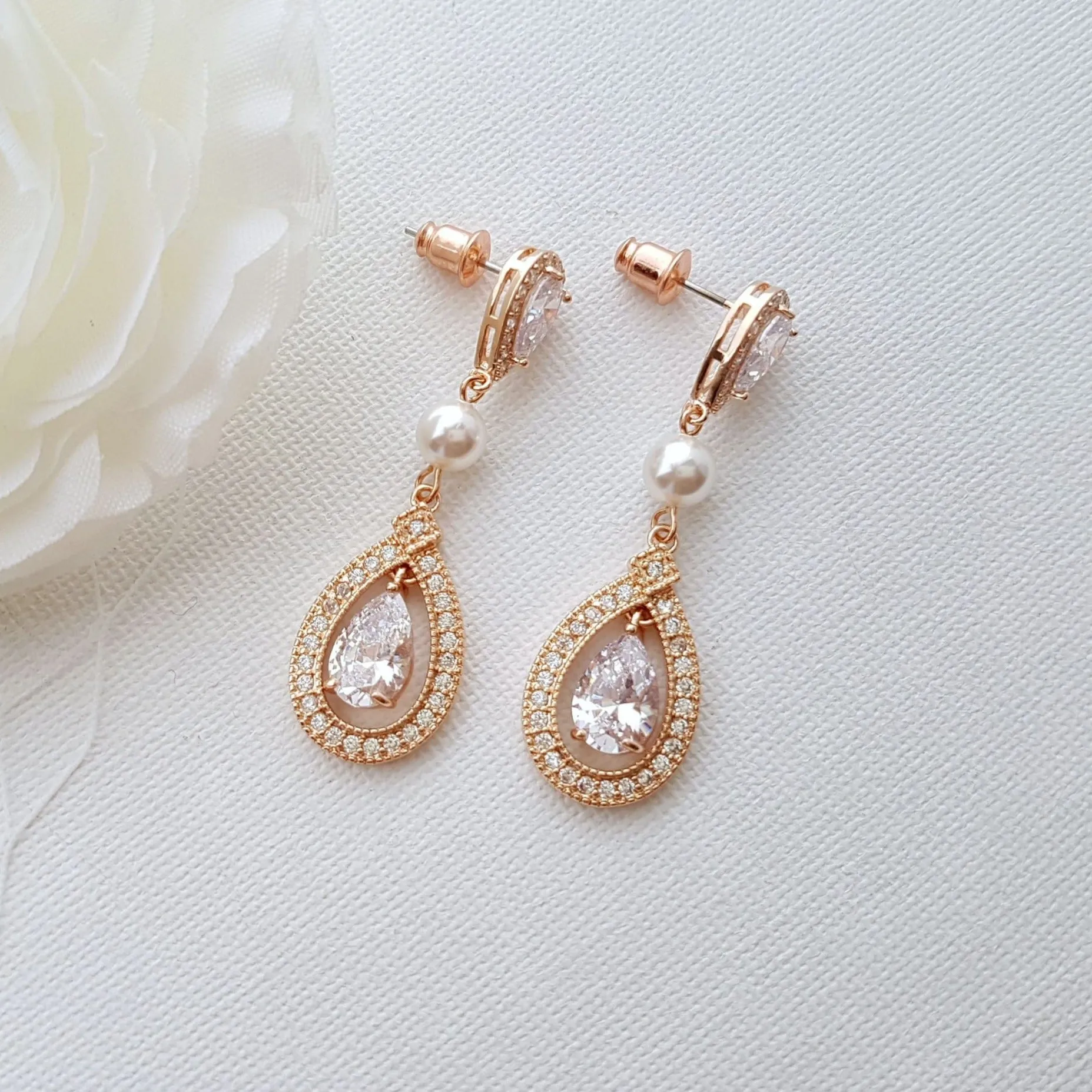 Rose Gold Bridal Earrings in Pearls & Cubic Zirconia-Sarah