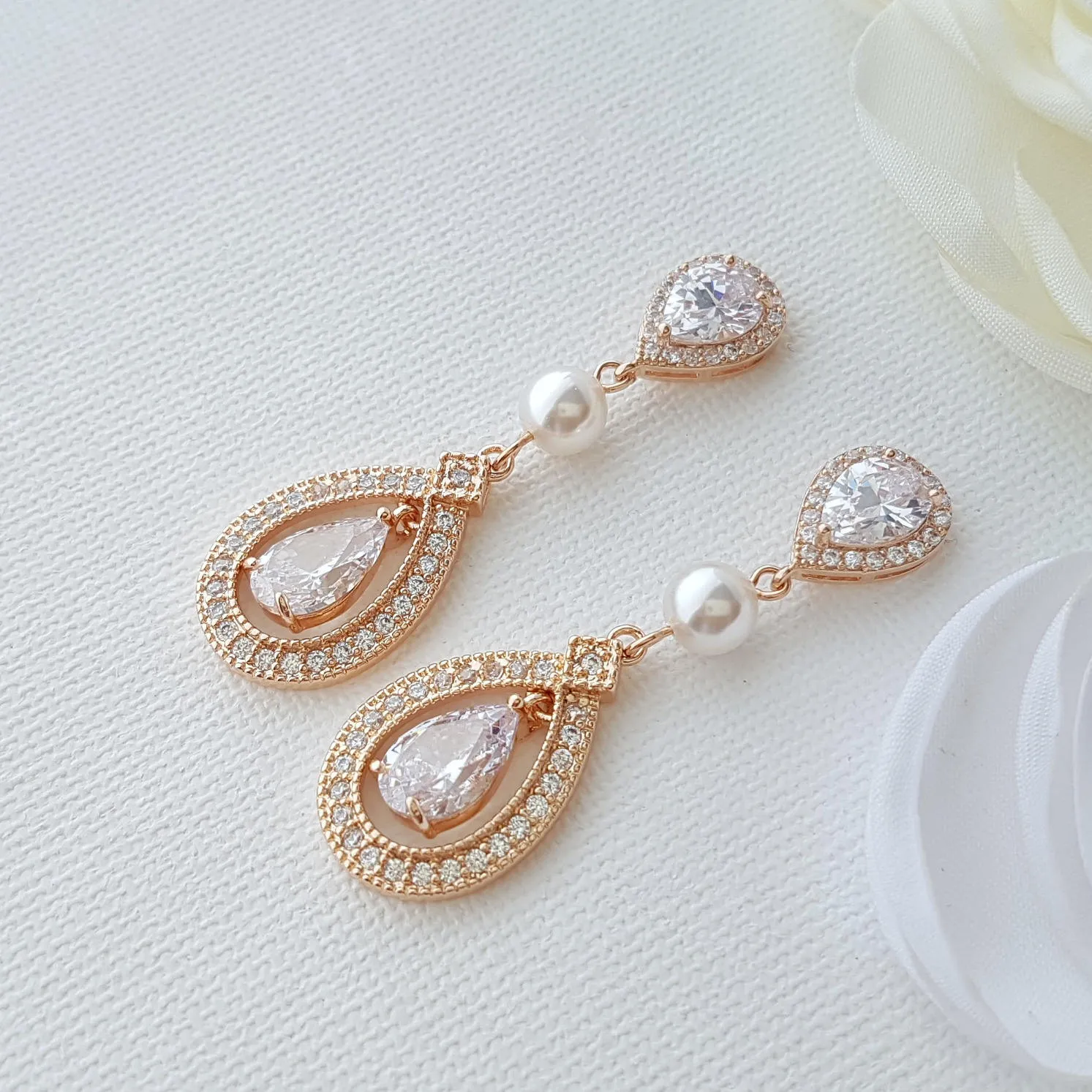 Rose Gold Bridal Earrings in Pearls & Cubic Zirconia-Sarah