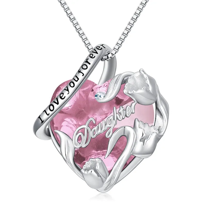 S925 Sterling Silver Birthstone Daughter Heart Pendant Necklace from Dad Mom I Love You Forever Jewelry