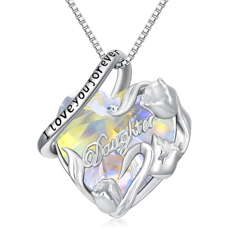 S925 Sterling Silver Birthstone Daughter Heart Pendant Necklace from Dad Mom I Love You Forever Jewelry