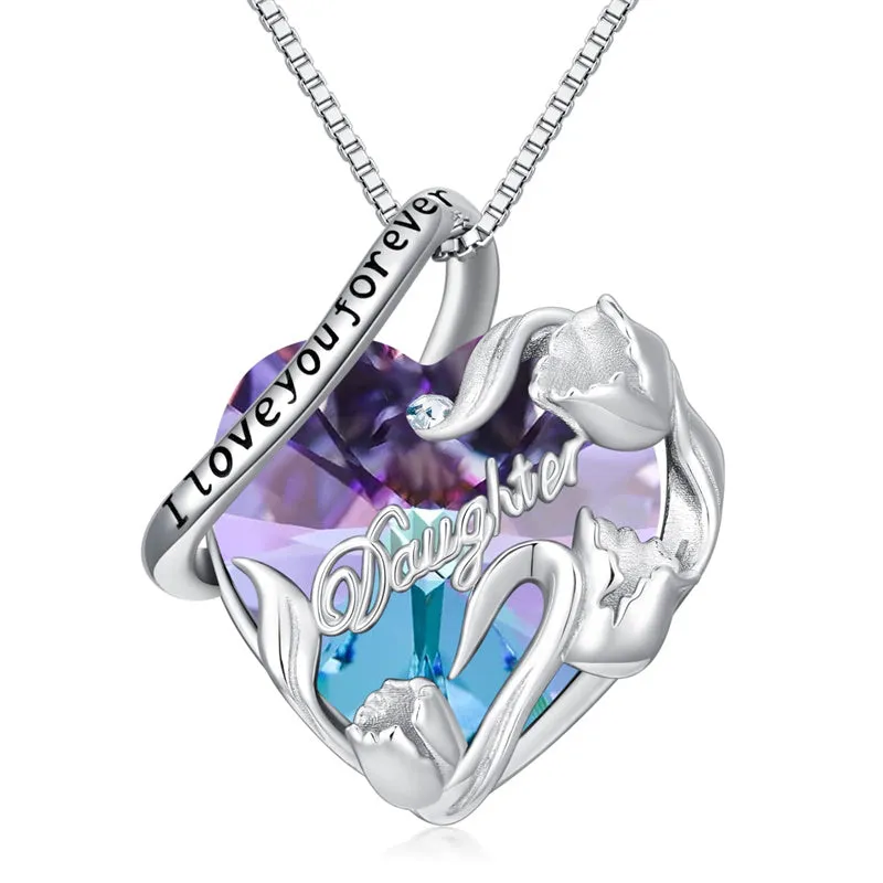 S925 Sterling Silver Birthstone Daughter Heart Pendant Necklace from Dad Mom I Love You Forever Jewelry