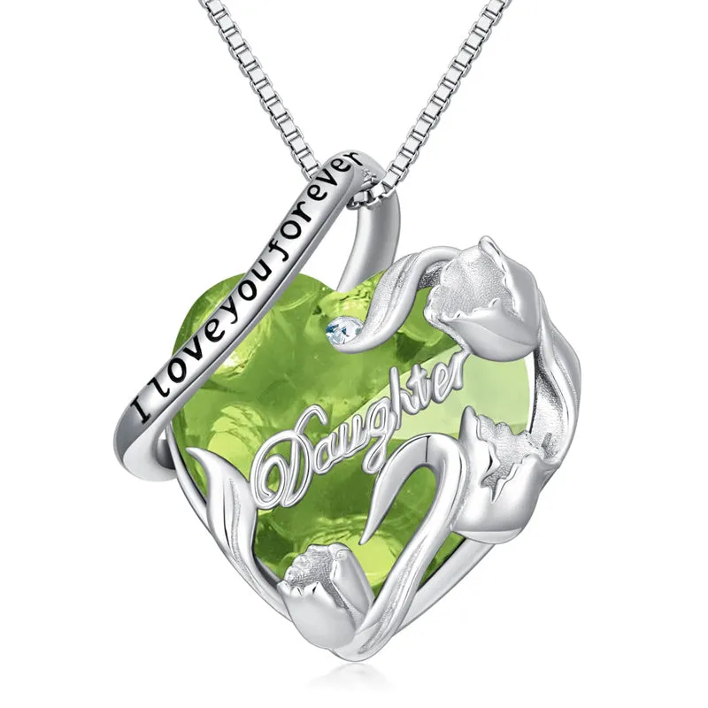 S925 Sterling Silver Birthstone Daughter Heart Pendant Necklace from Dad Mom I Love You Forever Jewelry