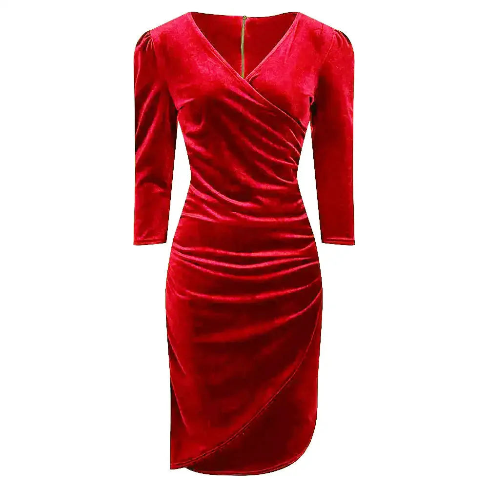 Scarlet Red Velour Velvet Wrap over 3/4 Sleeve Midi Dress