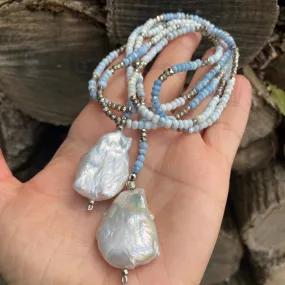 Shades of Blue Opal w Pyrites & Baroque Pearls Ombre Lariat Necklace