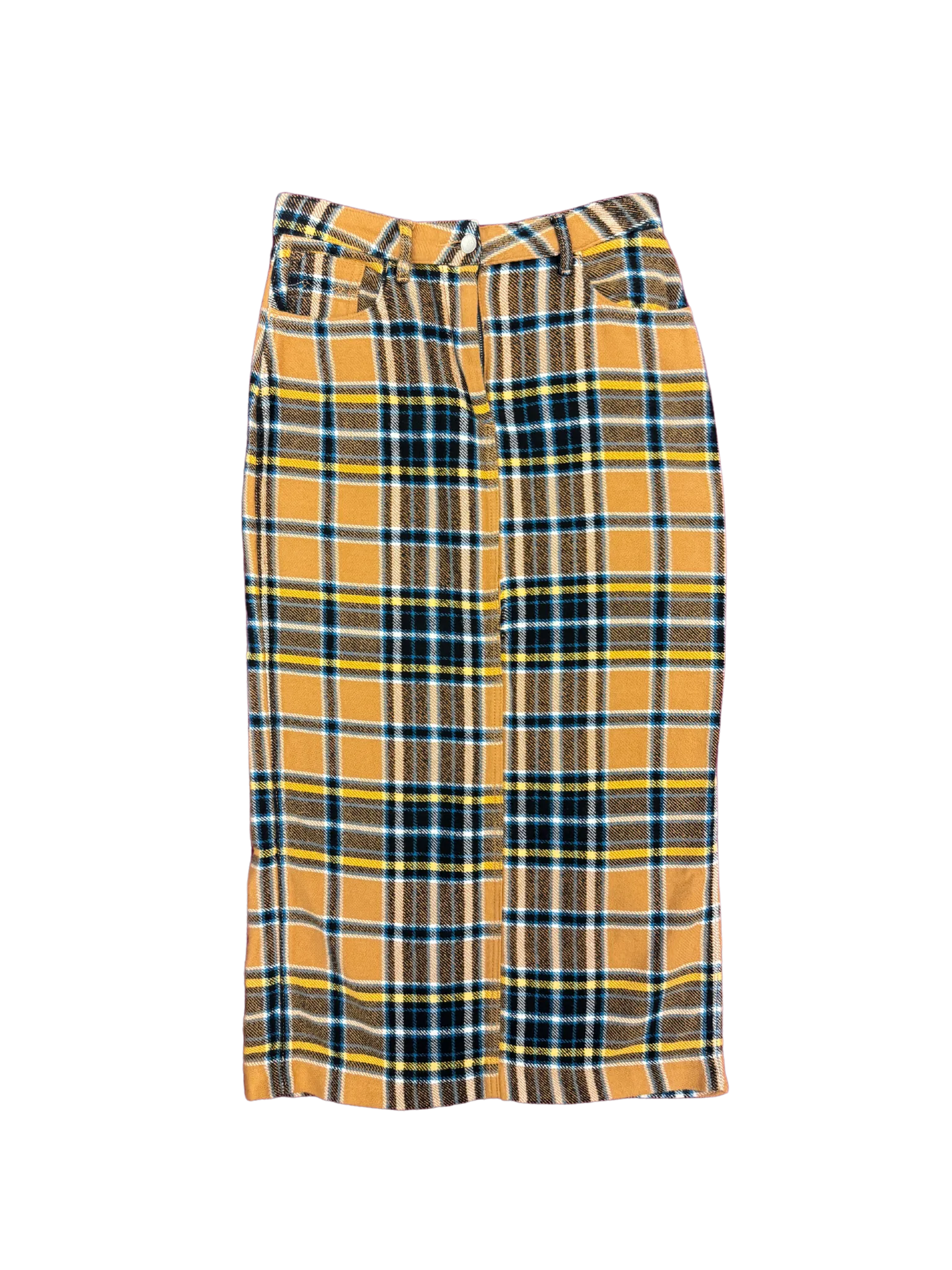 Size S - Kings of Indigo Camel Flannel Check Midi Skirt