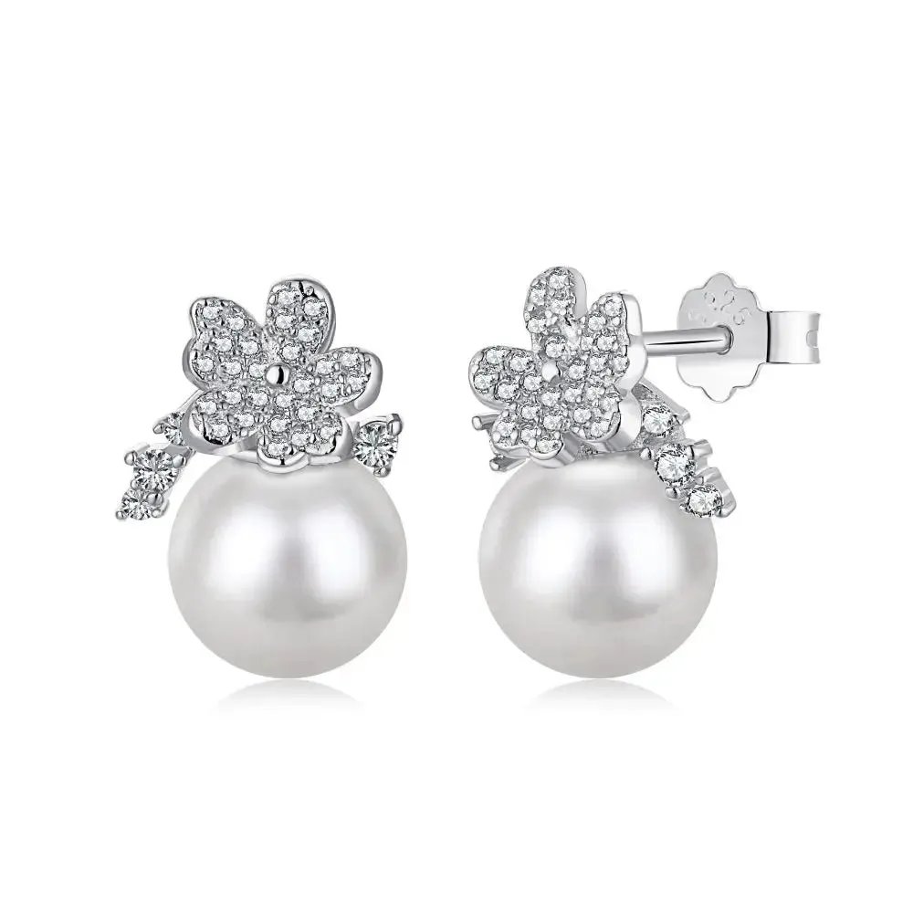 Sparkling Spring Flower Pearl Stud Earrings