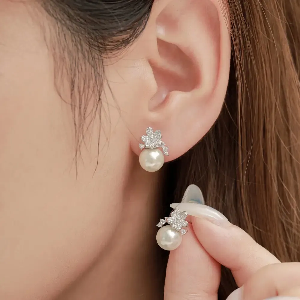 Sparkling Spring Flower Pearl Stud Earrings