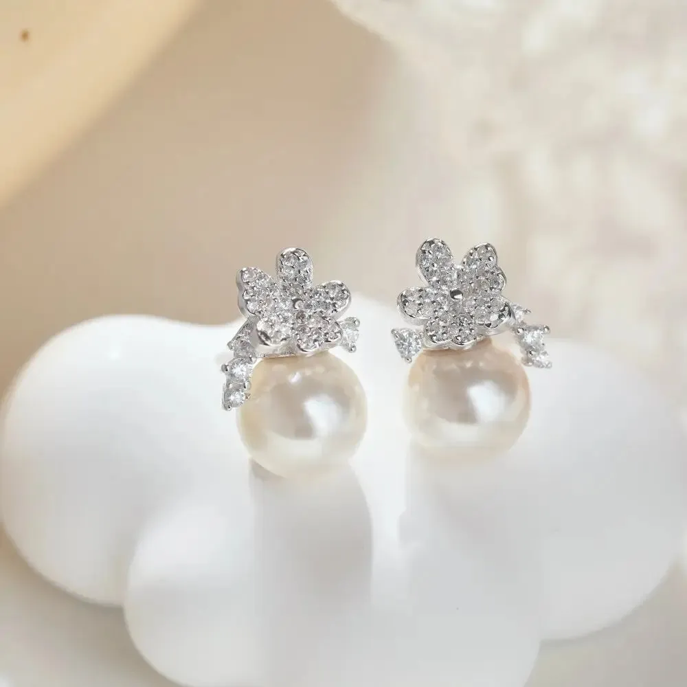 Sparkling Spring Flower Pearl Stud Earrings