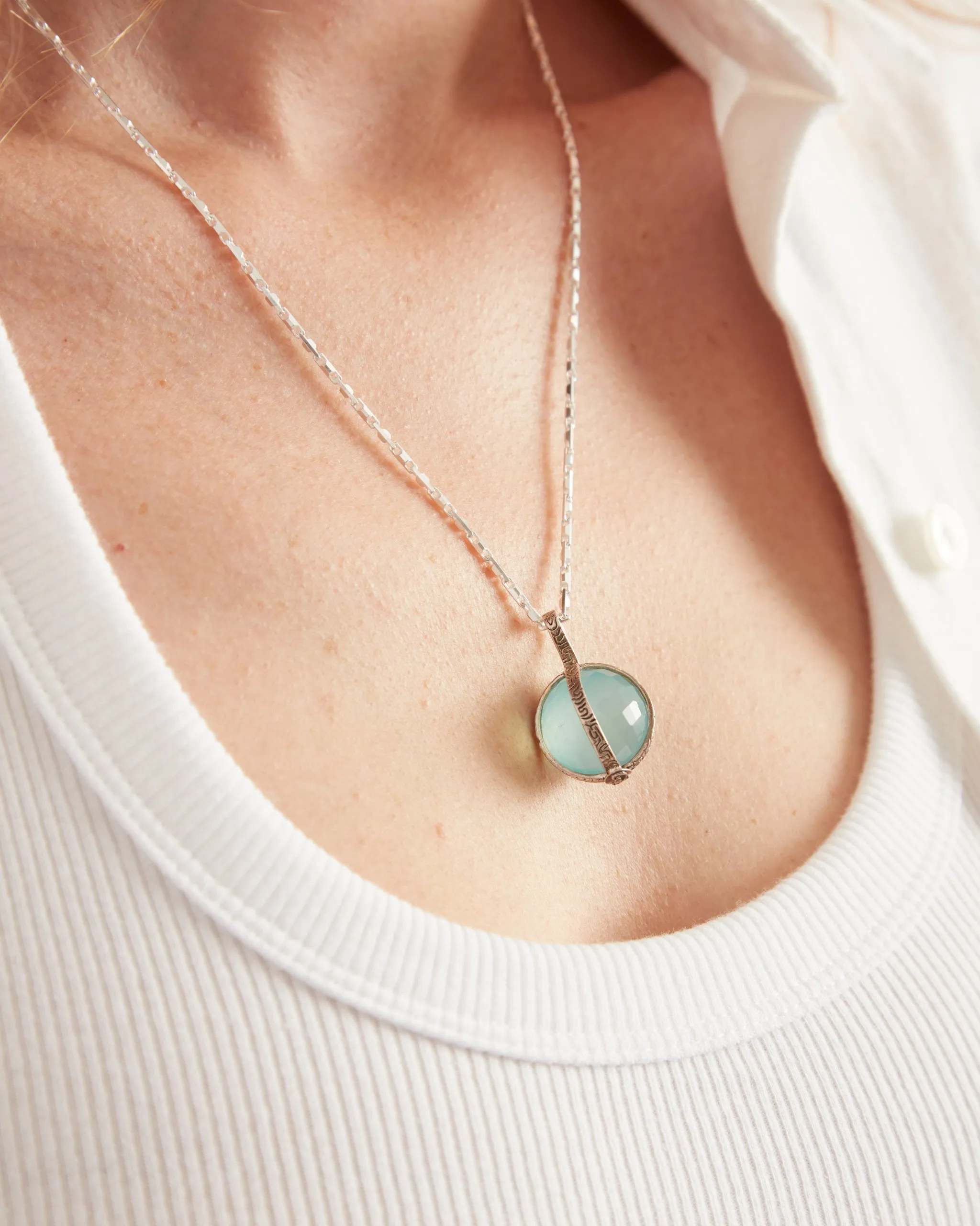 Spinning Globe Stone Pendant with Reef Texture - Blue Chalcedony