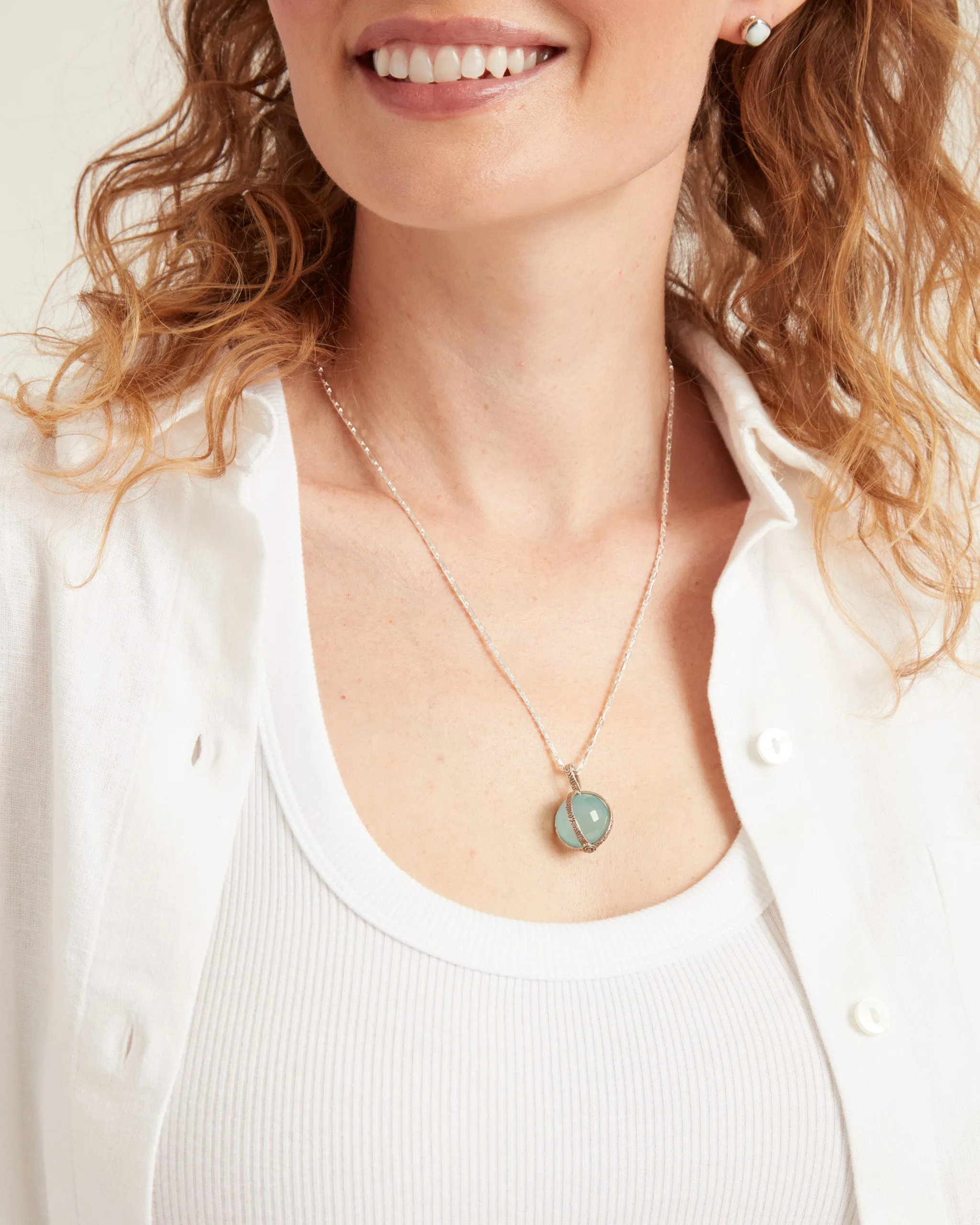 Spinning Globe Stone Pendant with Reef Texture - Blue Chalcedony