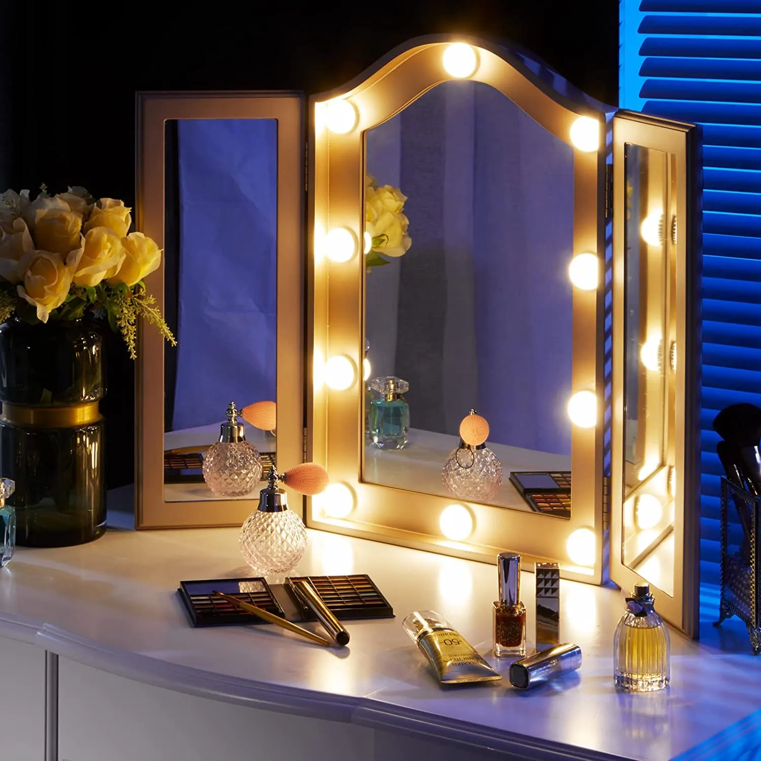 Starry 5 LED Tri Fold Hollywood Mirror - Rose Gold