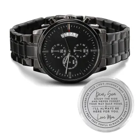 To Son Gift From Mom, I'll Always Be Here For You Inspirational Engraved Black Chronograph Watch