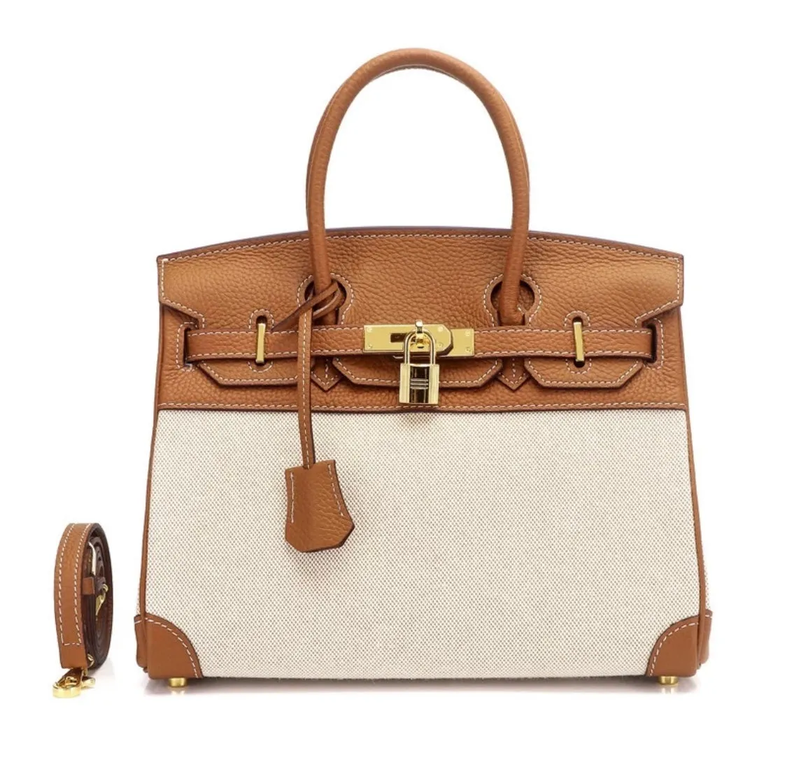 Two Tone Genuine Leather Canvas Birkin