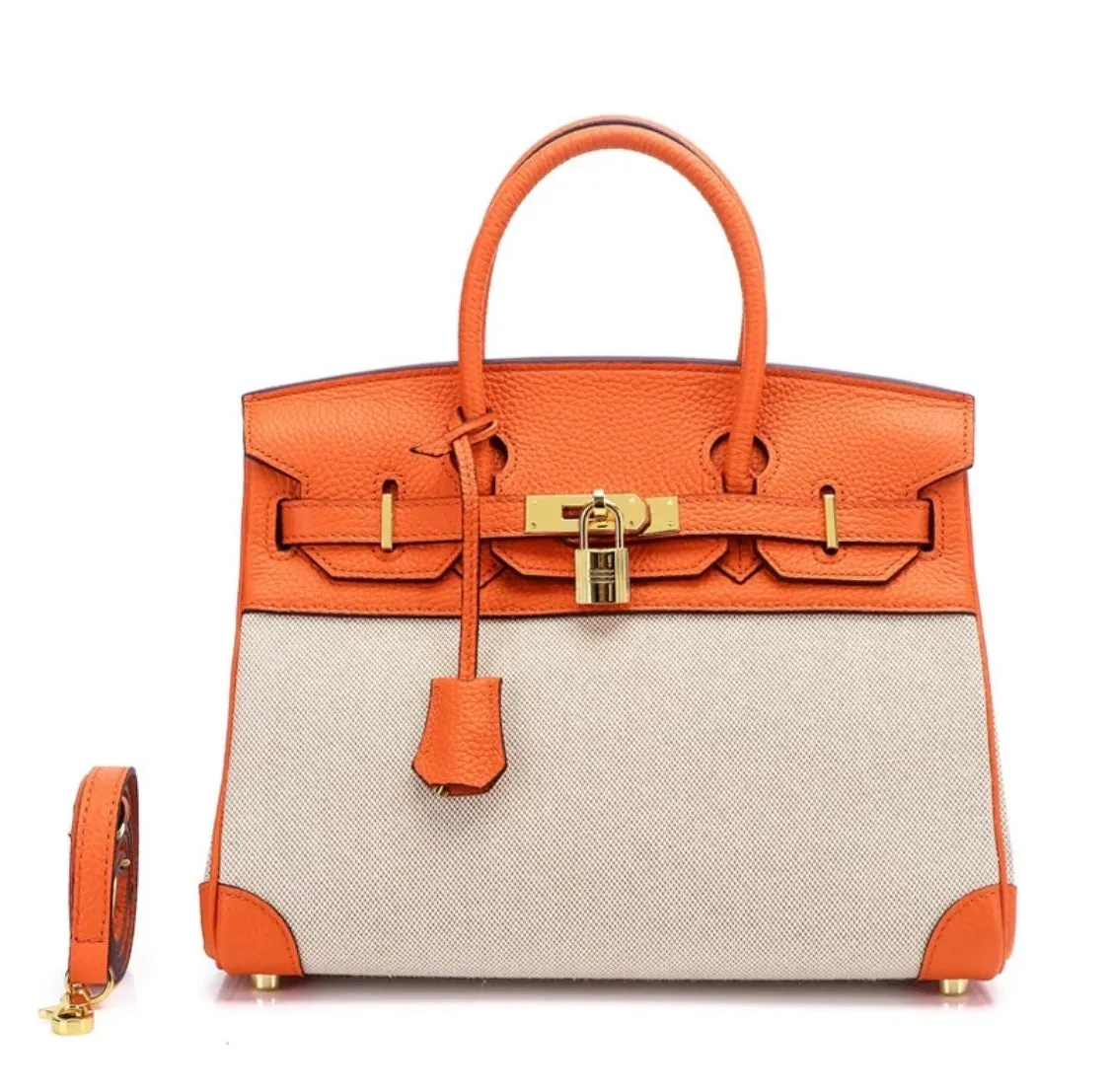 Two Tone Genuine Leather Canvas Birkin