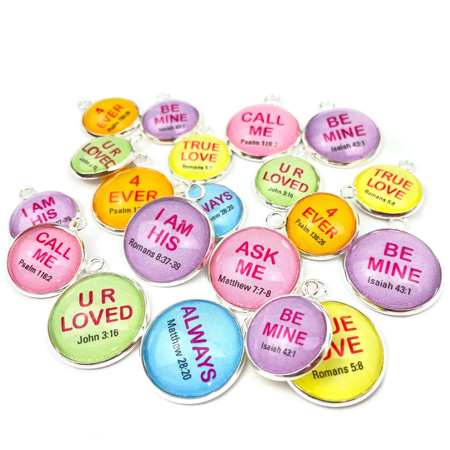 Valentine's Conversation Hearts Charms Set for Jewelry Making – 16 or 20mm, Silver – Bulk Wholesale Christian Scripture Charms