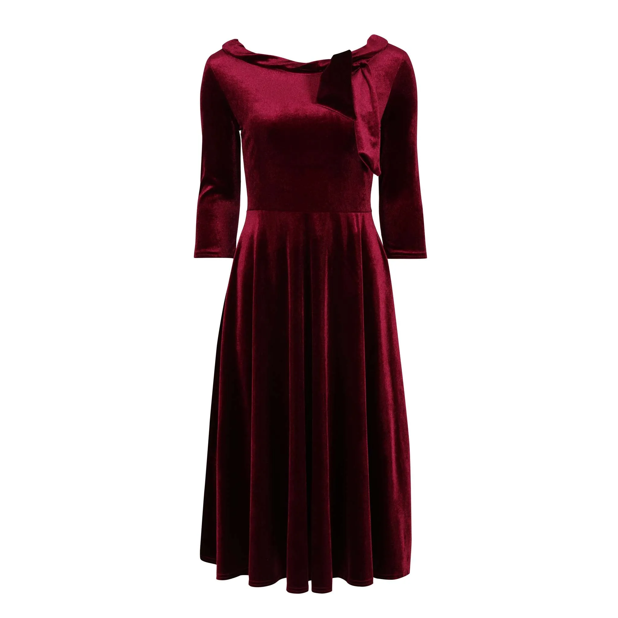 Velour Claret Red Tie 1/2 Sleeve Vintage Swing Dress