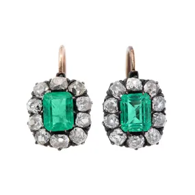 Victorian 15kt/Sterling Silver GIA Colombian Emerald & Diamond Cluster Earrings 4ctw 