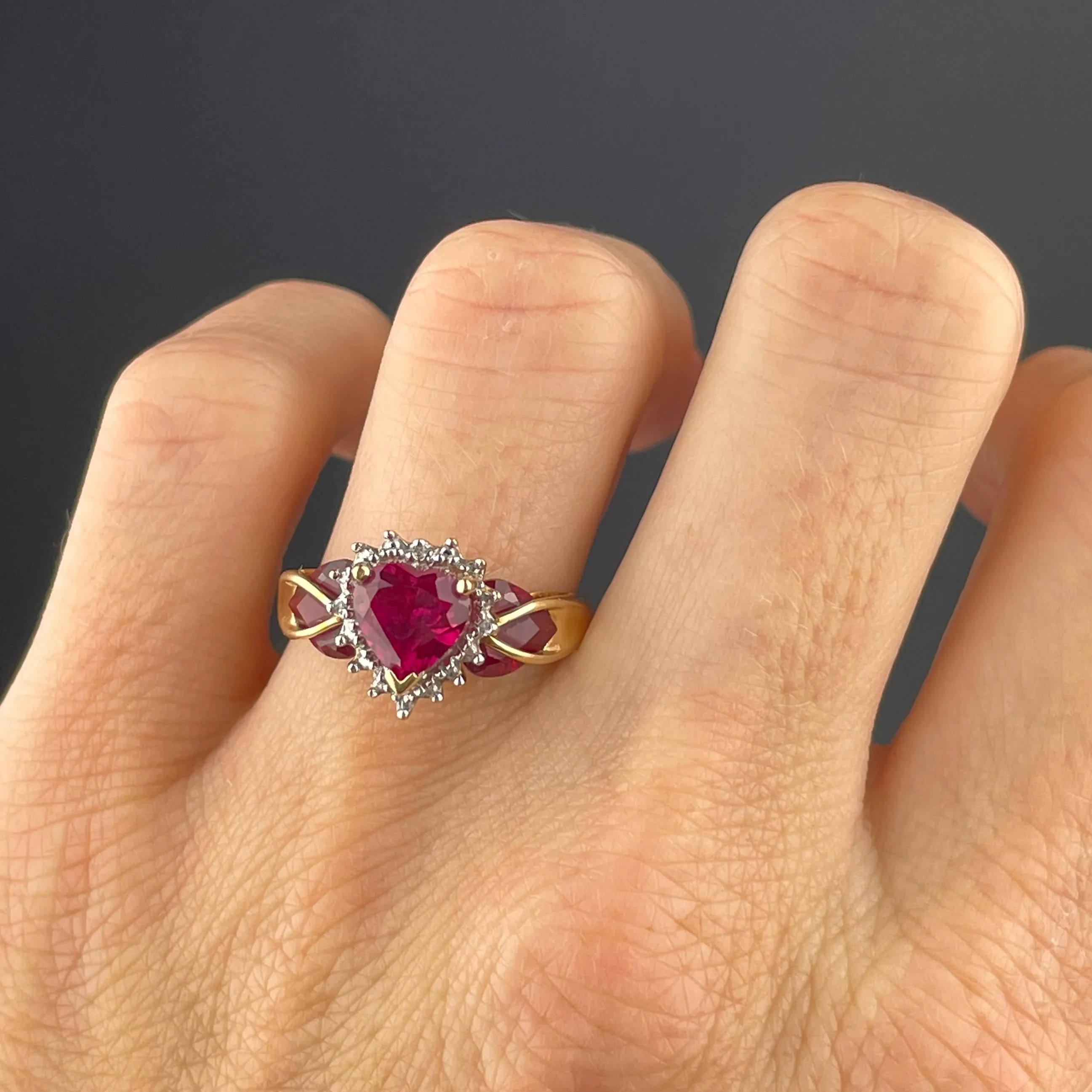 Vintage 10K Ruby Heart Diamond Ring, Sz 6.25