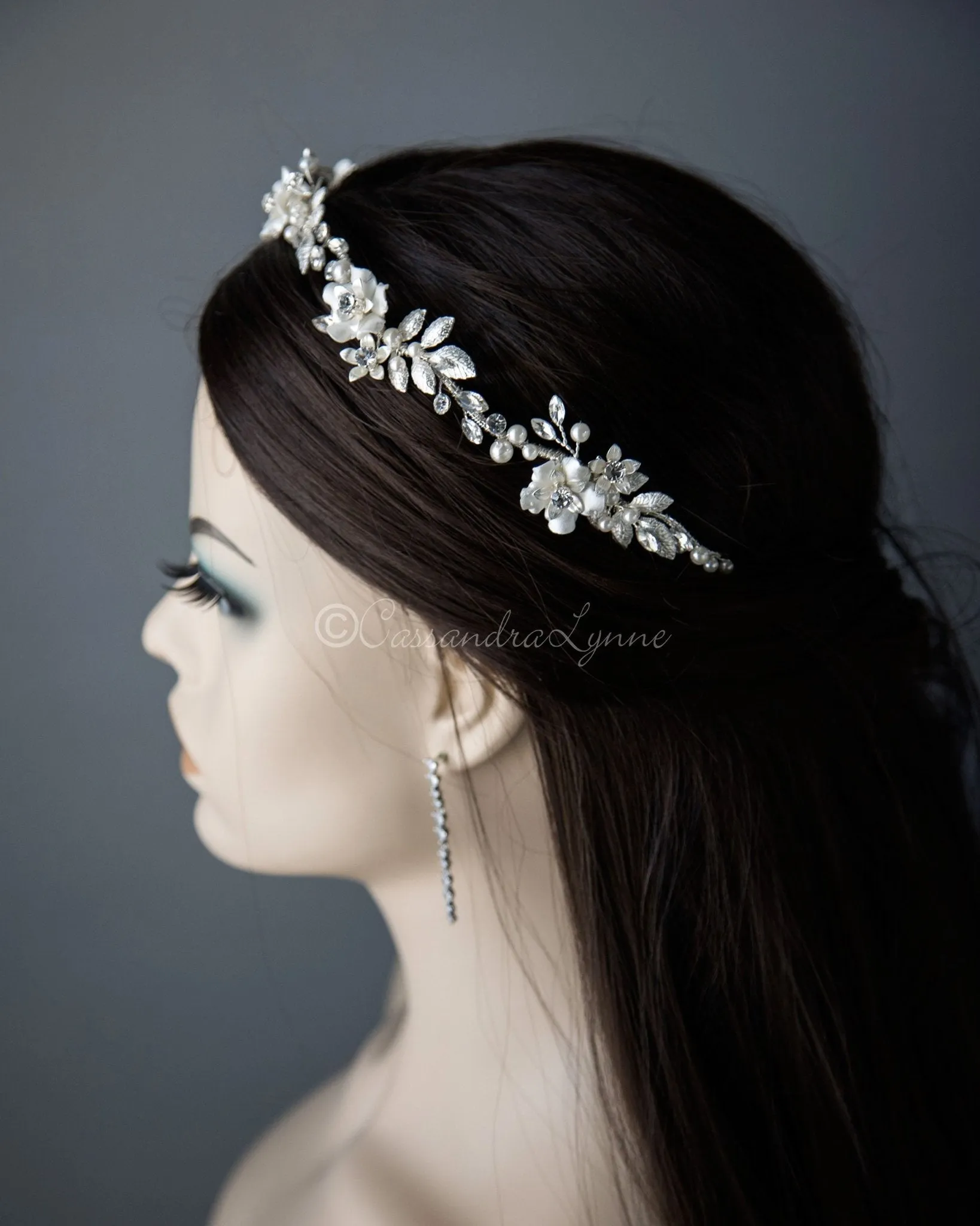 Wedding Headband with Porcelian Flowers and Pearls