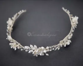 Wedding Headband with Porcelian Flowers and Pearls