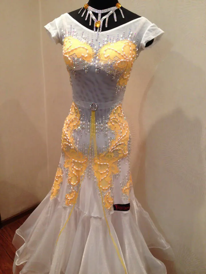 White & Yellow Standard Dress with Pearls