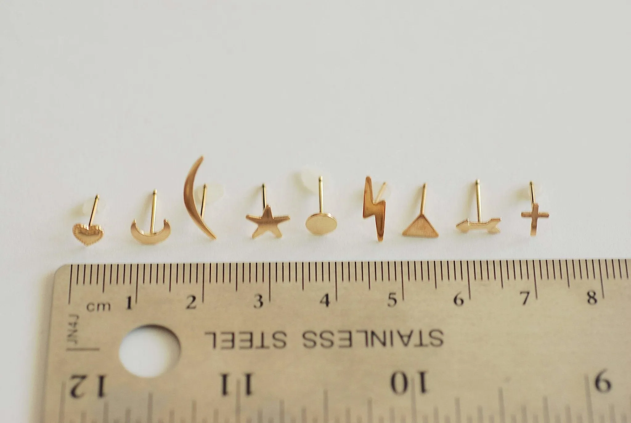 Wholesale 14k Gold Filled Earring Studs, Gold Fill Earrings, Heart, Crescent Moon, Star, Circle, Cross, Arrow, Chevron, Lightning Bolt, Triangle, Bulk Earrings