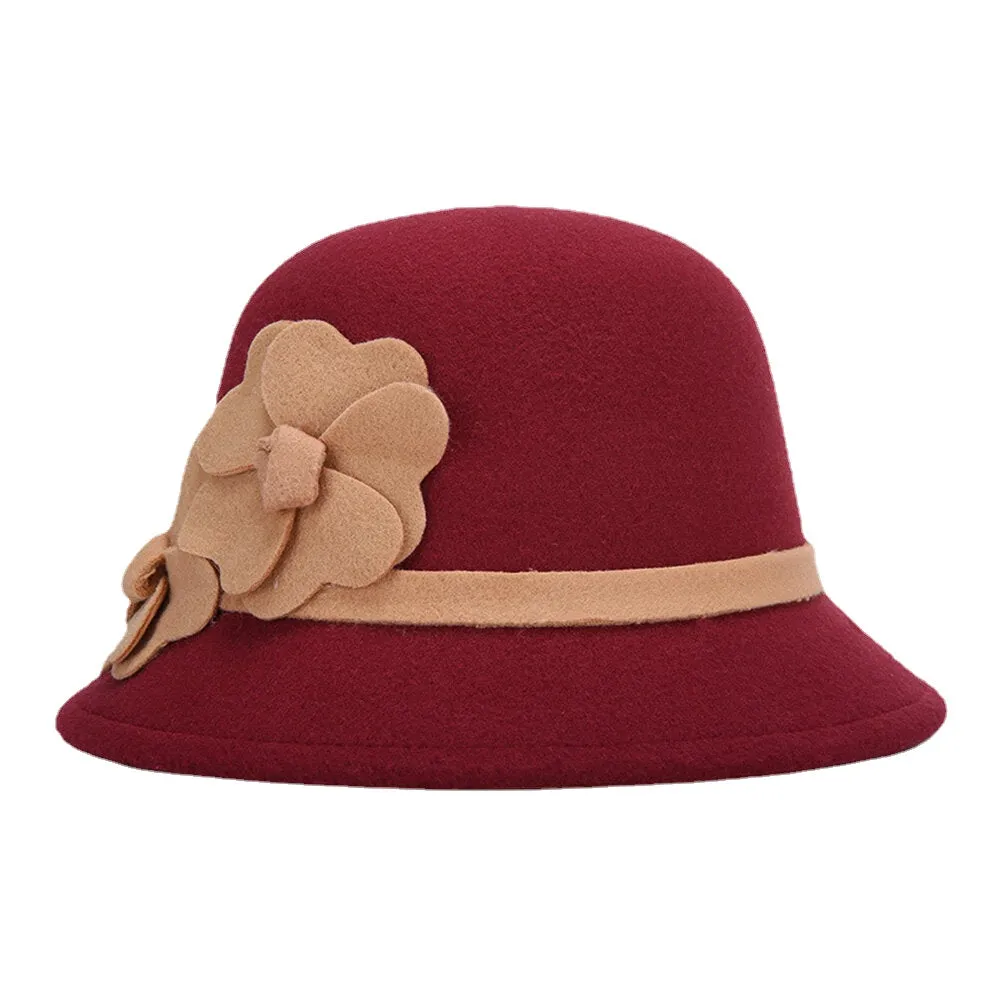 Women Artificial Wool Dome Short Brim Flower Decoration Felt Hat Bucket Hat Casual Autumn Winter Warm Top Hat