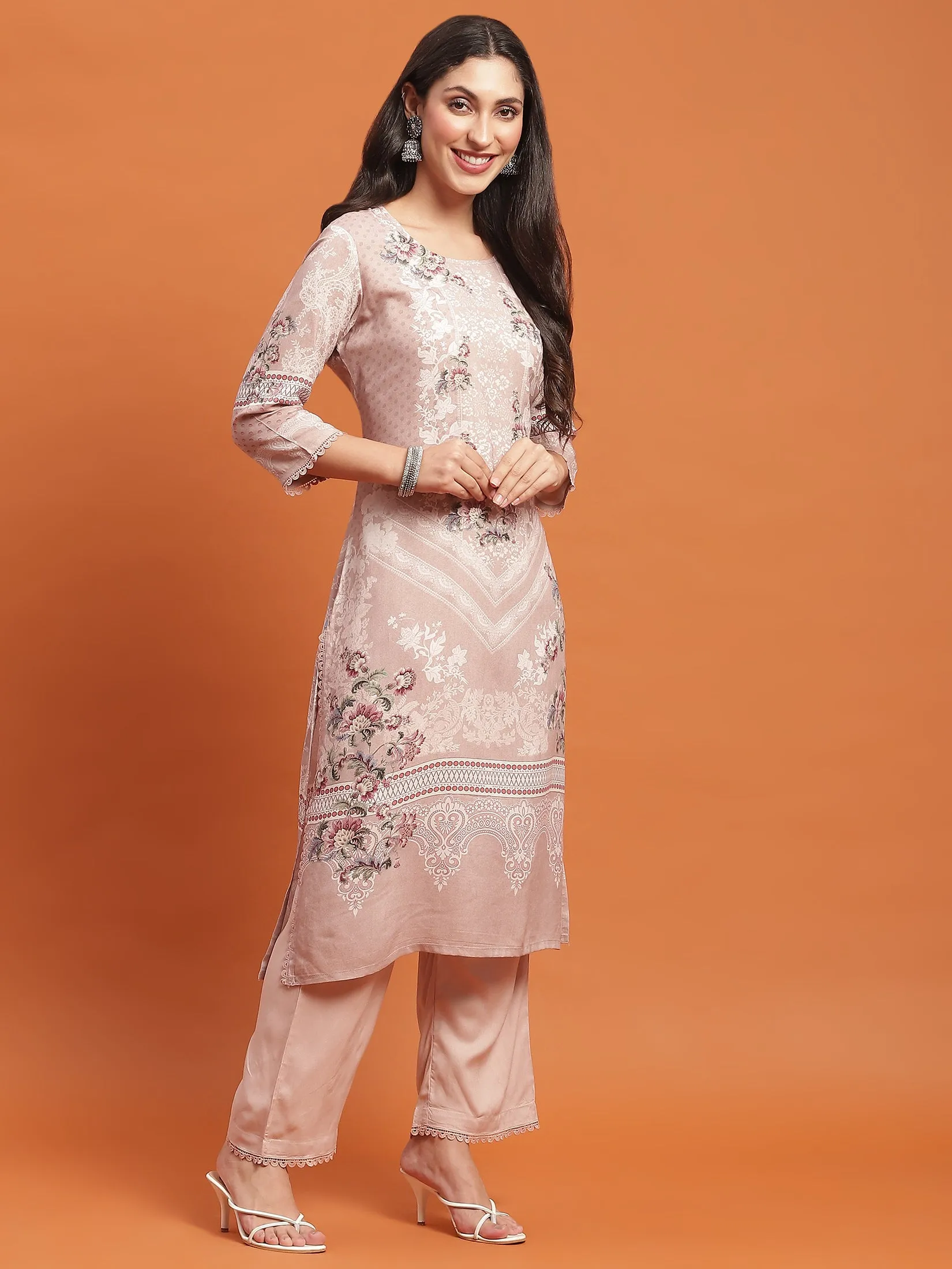 Women Beige Floral Print Kurta Comfort Pant Dupatta