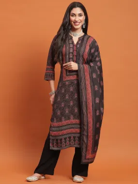 Women Black Geometric Print Kurta Comfort Pant Dupatta