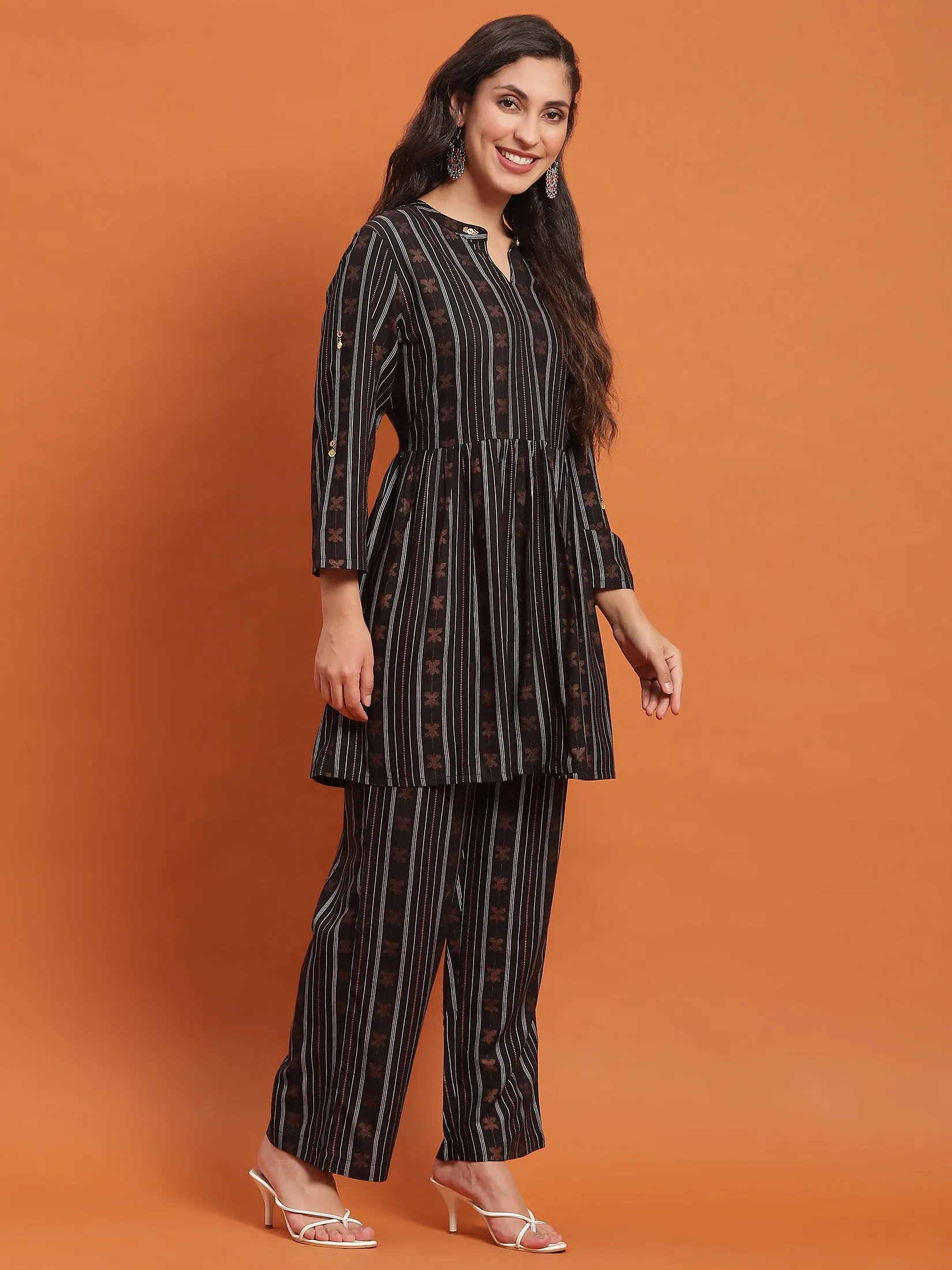 Women Black Stripe Print Co-Ord Set