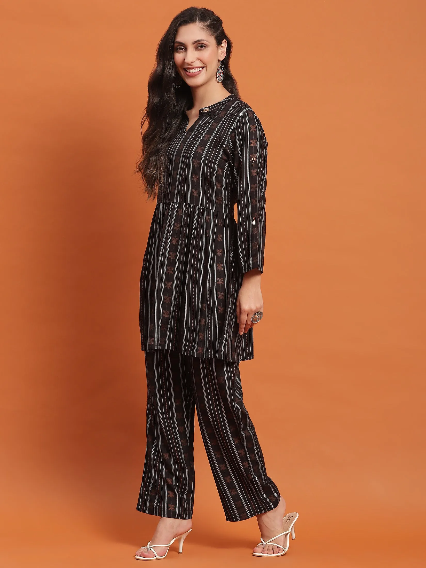 Women Black Stripe Print Co-Ord Set