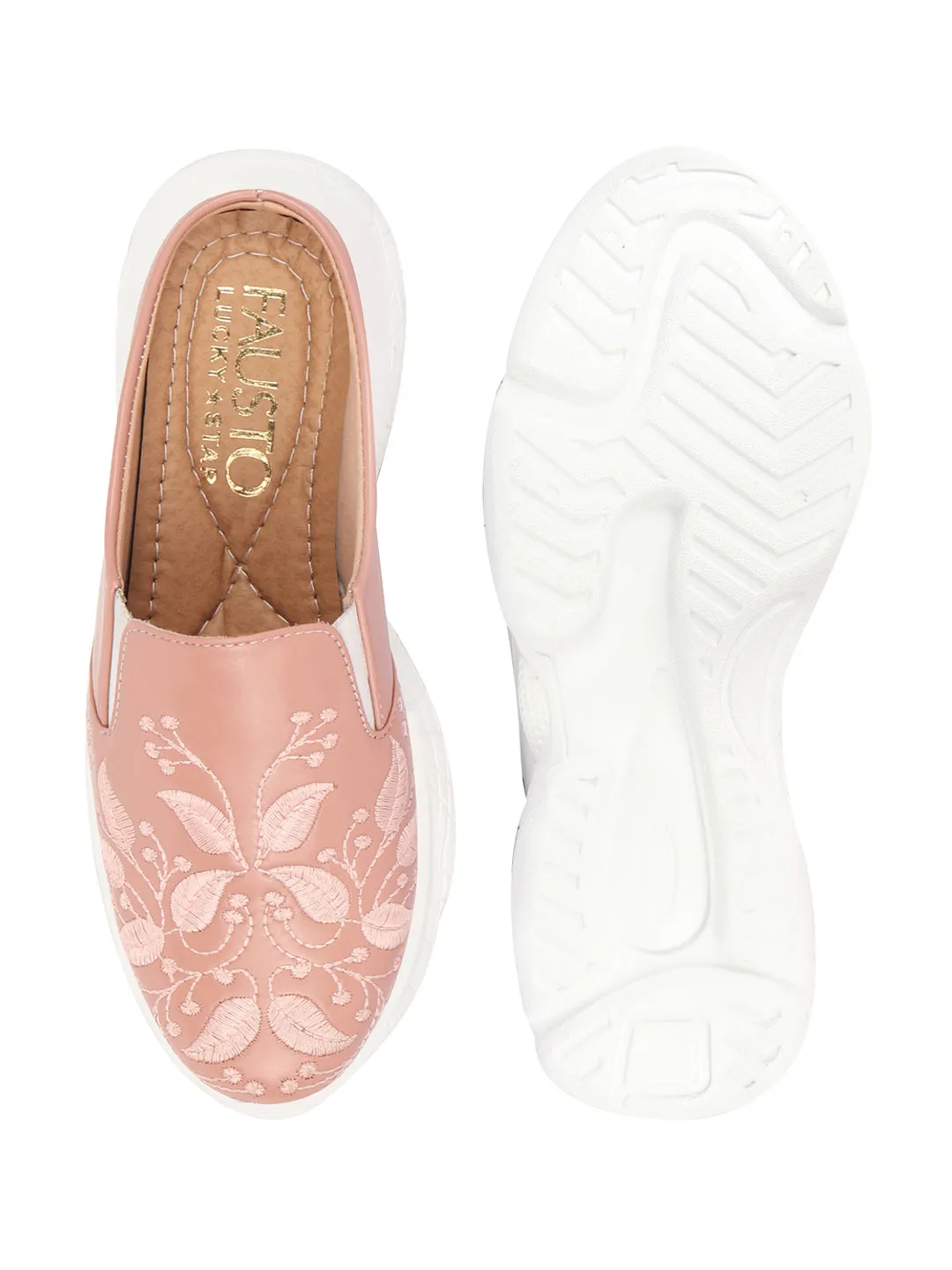 Women Peach Leaf Print Embroidery Design Back Open Slip On Mules Shoes