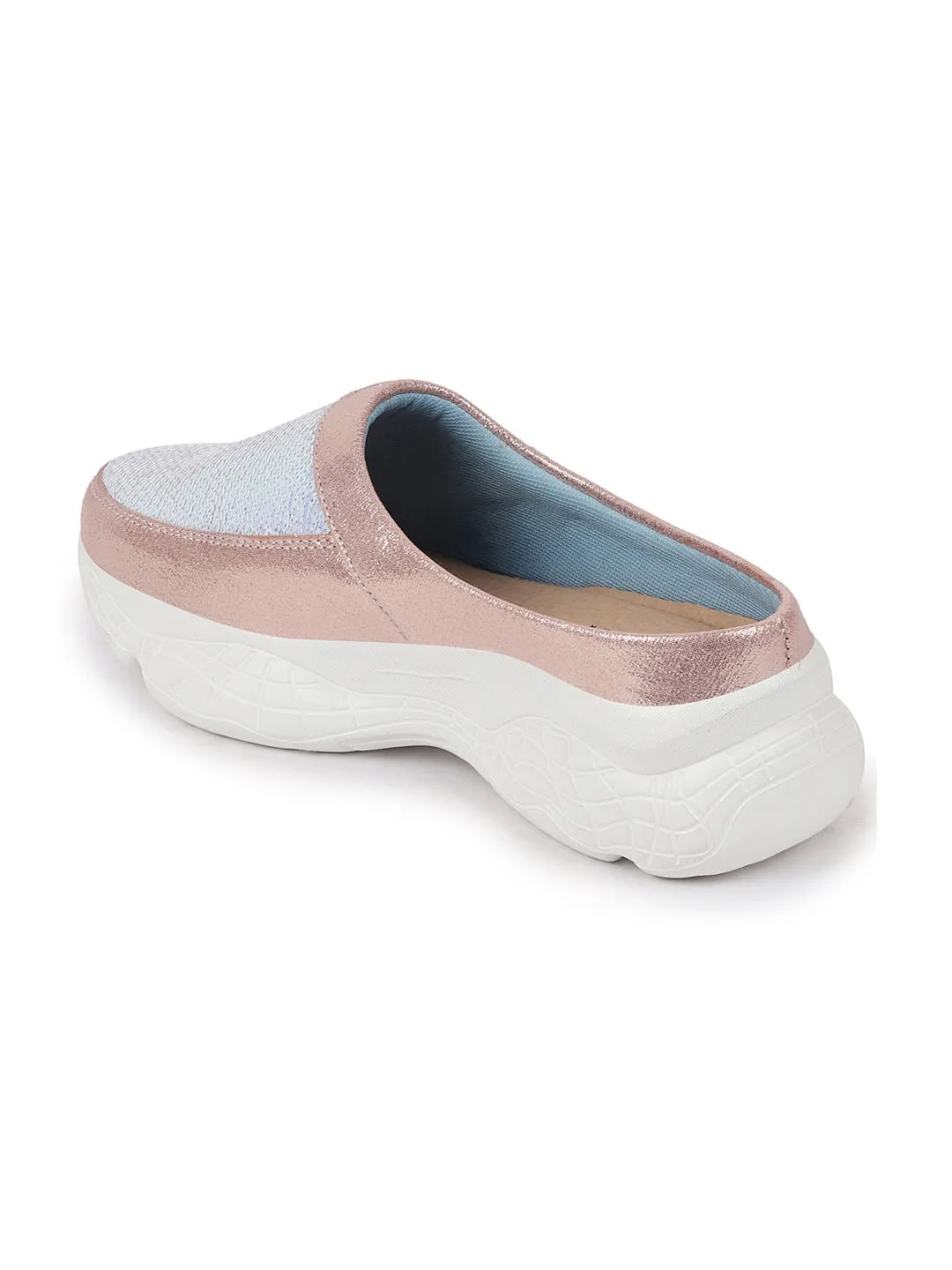 Women Pink Back Open Embellished Slip On Mules