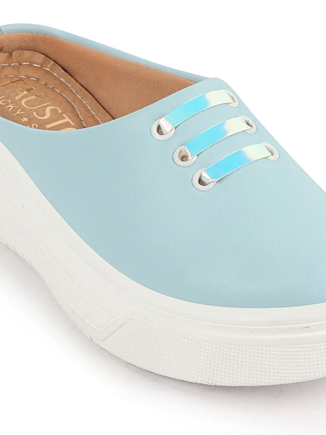 Women Sky Blue Outdoor Fashion Comfort Lace Design Open Back Platform Heel Slip On Casual Shoes