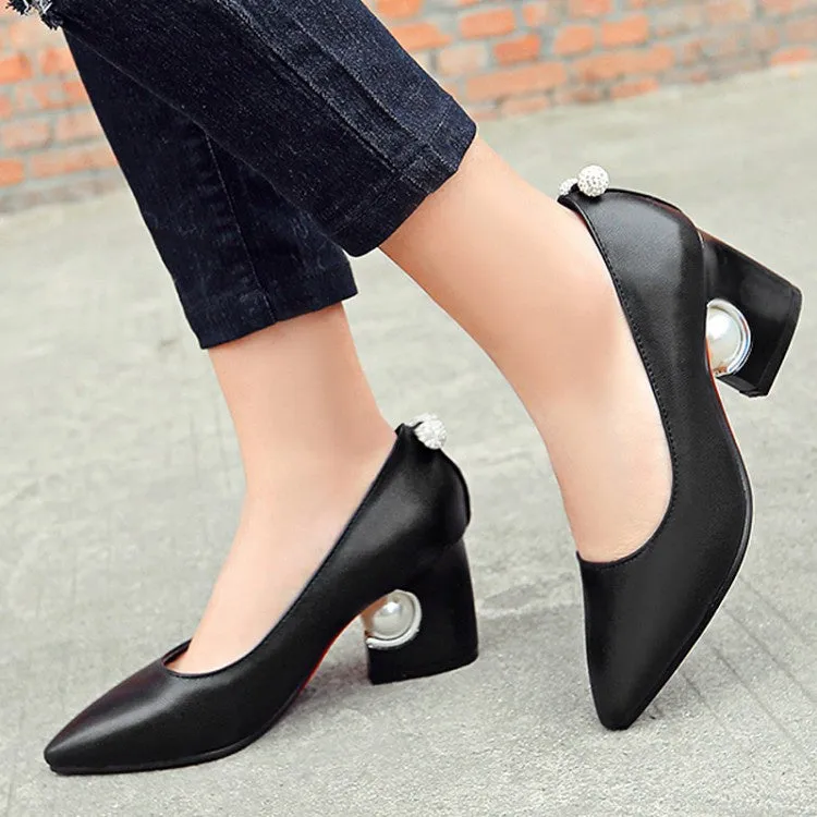 Women's Pearl High Heeled Chunky Heels Pumps